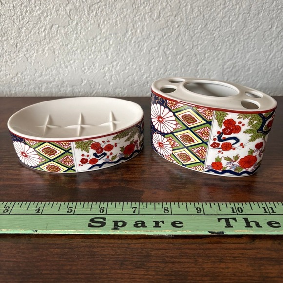 Other - Vintage Japanese Ceramic‎ MCM Bathroom Set Toothbrush Holder Soap Dish Floral